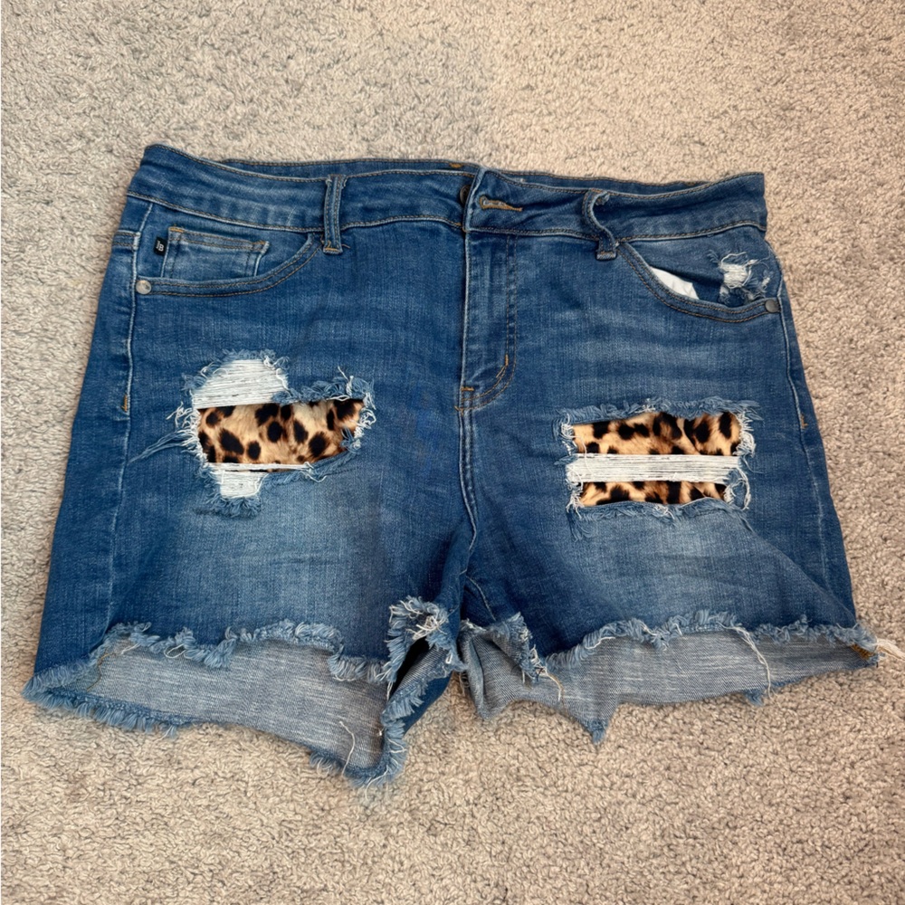 Judy Blue Distressed Denim Shorts with Leopard Accents